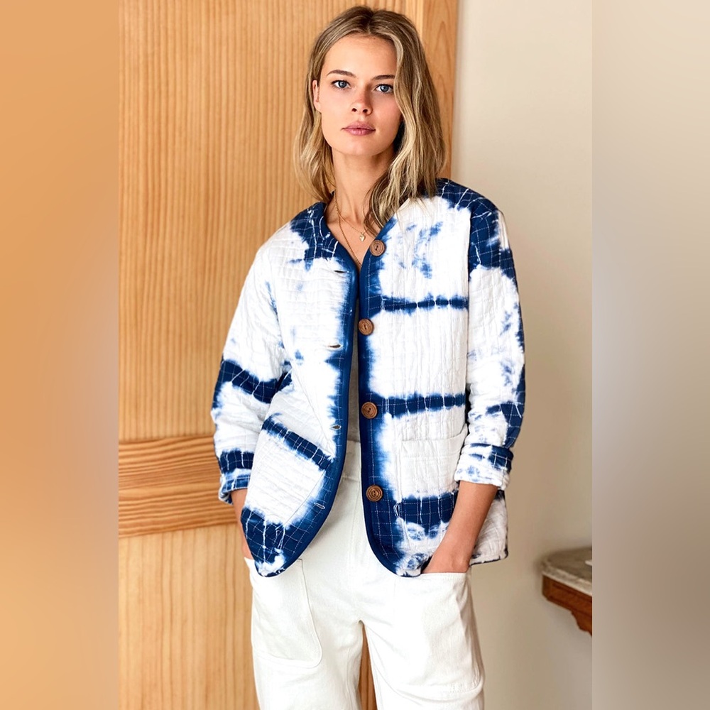 Emerson Fry Indigo and White Quilted Jacket, Organic Cotton, Size S